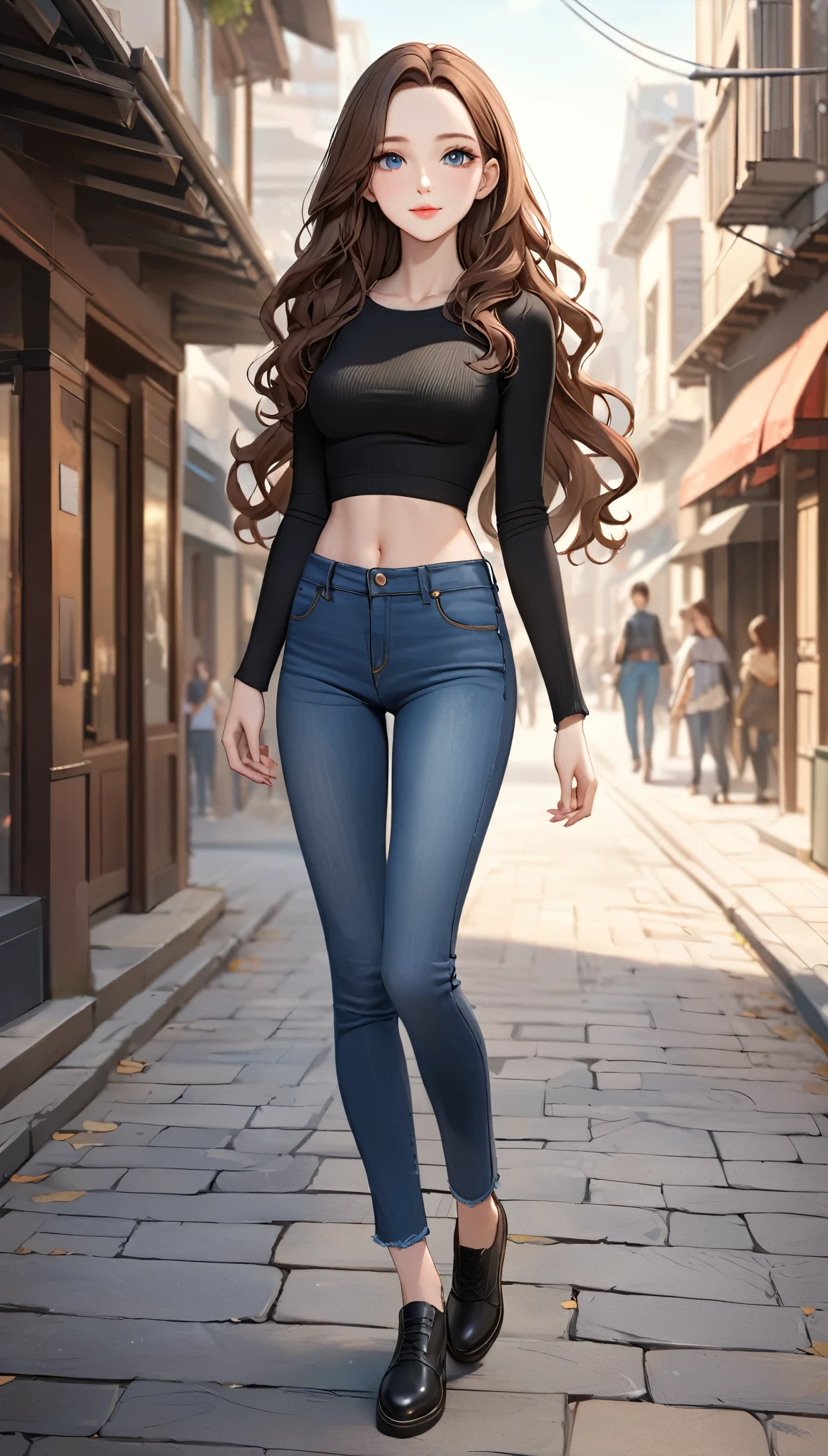 ((best quality, masterpiece:1.3, 8K)), (detailed), highly detailed face and skin texture, detailed eyes, full body, outdoor, (slender body:1.1), 1girl, (solo), (18+ years old), white skin, bright lips, seductive smile, long hair, forehead, brown hair, wavy hair, minimalist outfit, medium breast, (jeans pants), 