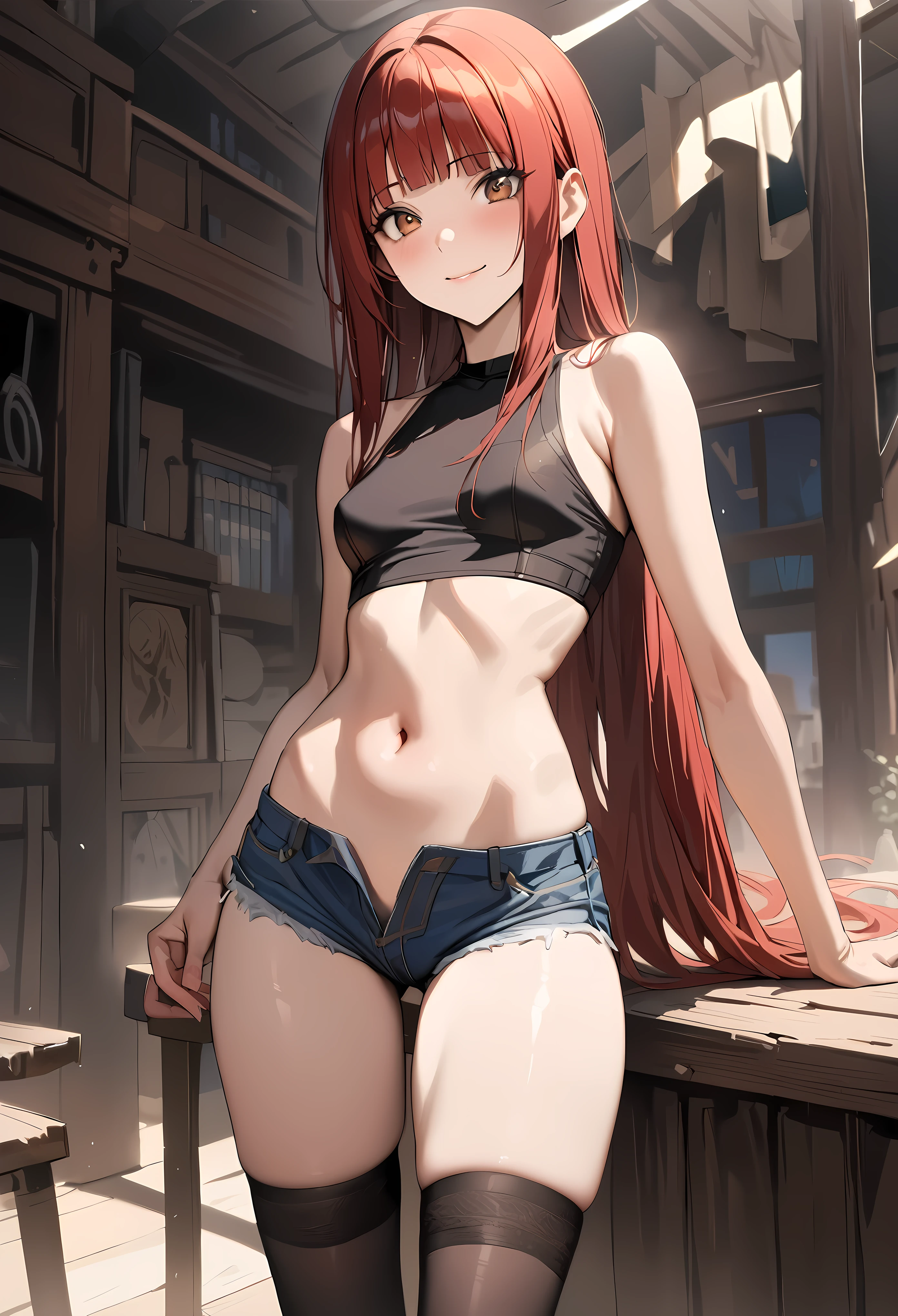 ((masterpiece,best quality anime,Highest quality:1.3)),realistic,cowboy shot,(25 year old beauty), gunslinger ,1woman,solo,((very small head:1.4)),((very long body:1.3)),red hair,bangs,ponytai hair,gorgeous big eyes,brown eyes,smile,smile,(Black sleeveless shirt,navel、denim micro shorts、black_thighhighs),((slender body:1.3,skinny)),small breasts,gleaming skin,shiny skin,standing,wilderness、sunny、The World of Westerns、