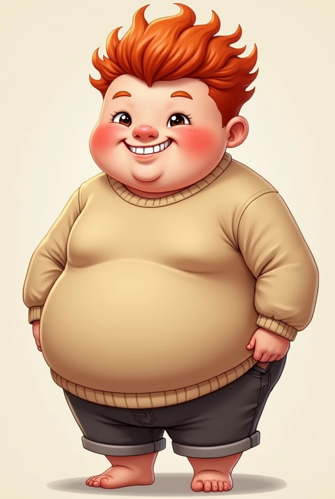 A red-haired male, with a mischievous face, with brown eyes, with a point on the side of his mouth, front teeth more bigger in a beige sweatshirt, short and tight shorts, BIG fat ass, WIDE hips, THICK thighs, chubby body, cute, short. (WITHOUT BOOBS)