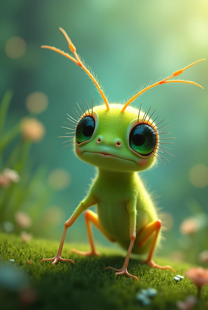 A green cricket animal that has long eyelashes