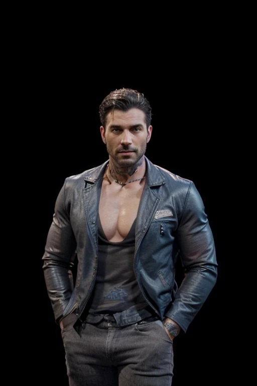 Italian man, ((black hair)), short hair, grey eyes, shiny eyes, highlights grey eyes, smile; extremely muscular and perfectly toned body, (broad shoulders and chest), athletic physique of a 30 year old Italian guy with tattoo's; (((red T-shirt))), ((black leather jacket and blue jeans)); earrings, watch, neck chain; under the night sky, standing, front view.
