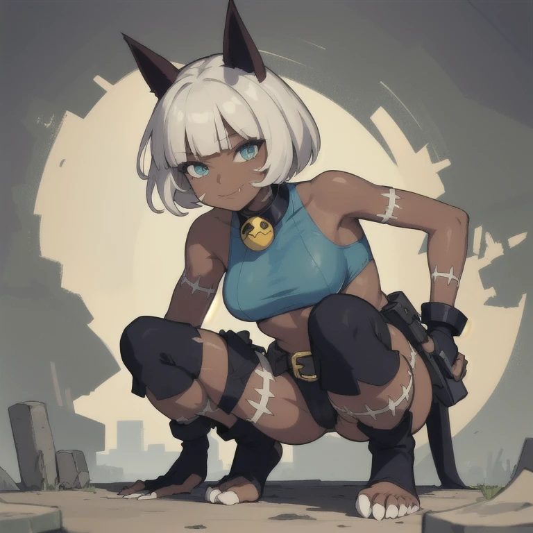 (masterpiece, best quality:1.2), solo, 1girl, sgmsfortune, dark skin, dark-skinned female, smile, looking at viewer, squatting, bob cut, crop top, fingerless gloves, collar, bell, belt, pouch, cat tail 