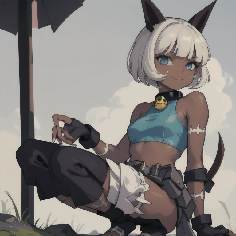 (masterpiece, best quality:1.2), solo, 1girl, sgmsfortune, dark skin, dark-skinned female, smile, looking at viewer, squatting, bob cut, crop top, fingerless gloves, collar, bell, belt, pouch, cat tail 