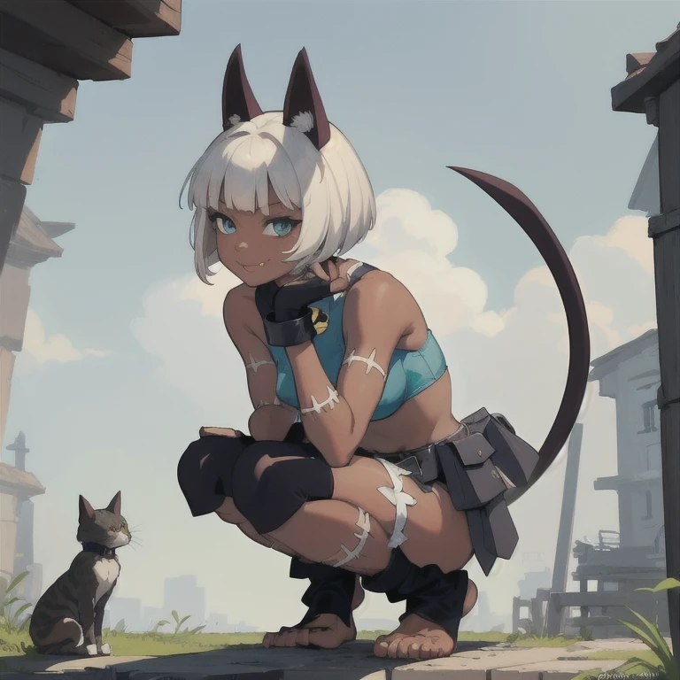 (masterpiece, best quality:1.2), solo, 1girl, sgmsfortune, dark skin, dark-skinned female, smile, looking at viewer, squatting, bob cut, crop top, fingerless gloves, collar, bell, belt, pouch, cat tail 