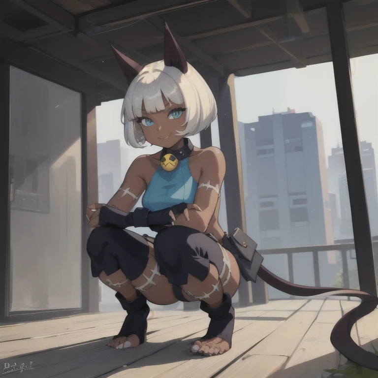 (masterpiece, best quality:1.2), solo, 1girl, sgmsfortune, dark skin, dark-skinned female, smile, looking at viewer, squatting, bob cut, crop top, fingerless gloves, collar, bell, belt, pouch, cat tail 