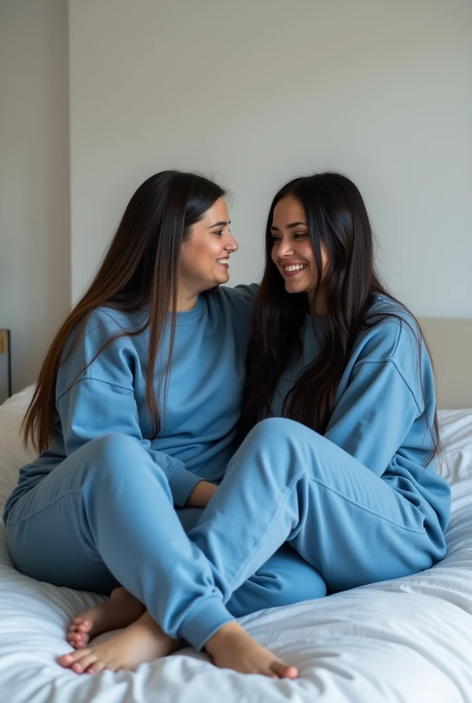 A 25-year-old, 70-kilo Brazilian woman with long, straight dark hair and a blue sweatshirt, sweatpants sitting on a white bed with her friend next to her, full body background room