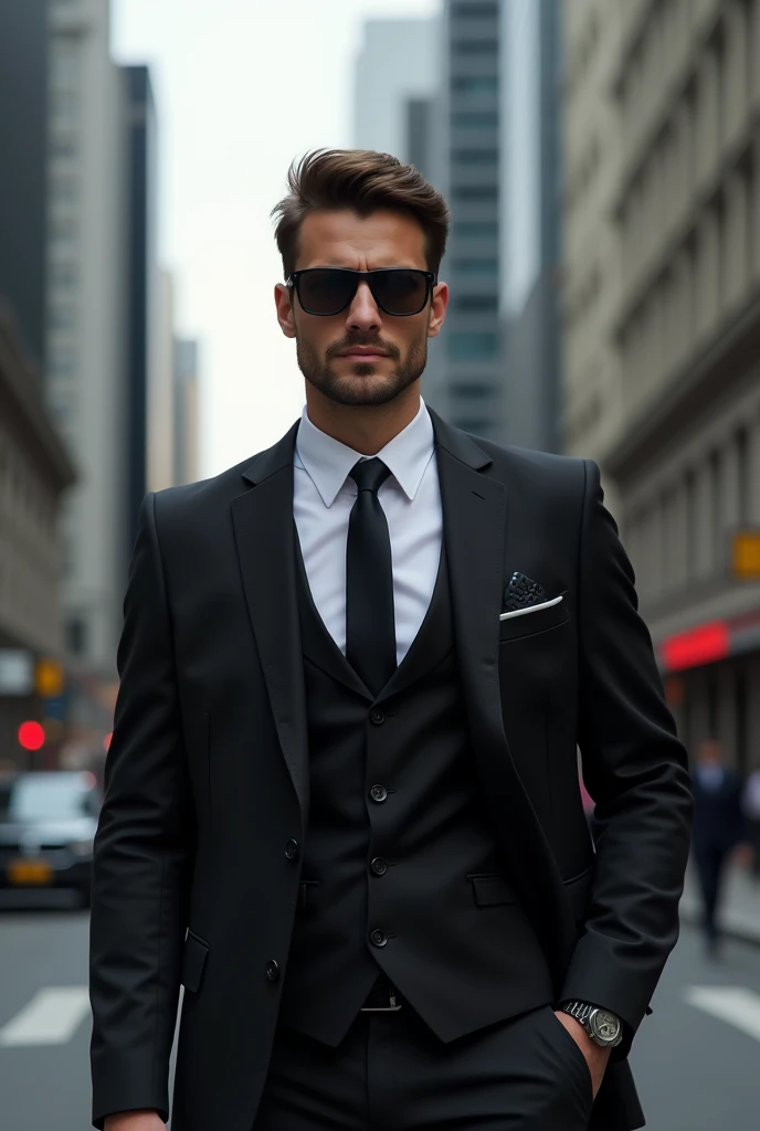A smart man with black suit and sunglass