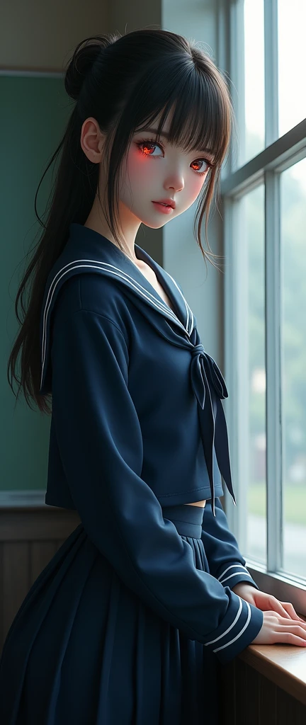 A beautiful girl with red eyes wearing a navy blue sailor uniform standing by the window in the classroom