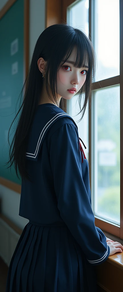 A beautiful girl with red eyes wearing a navy blue sailor uniform standing by the window in the classroom