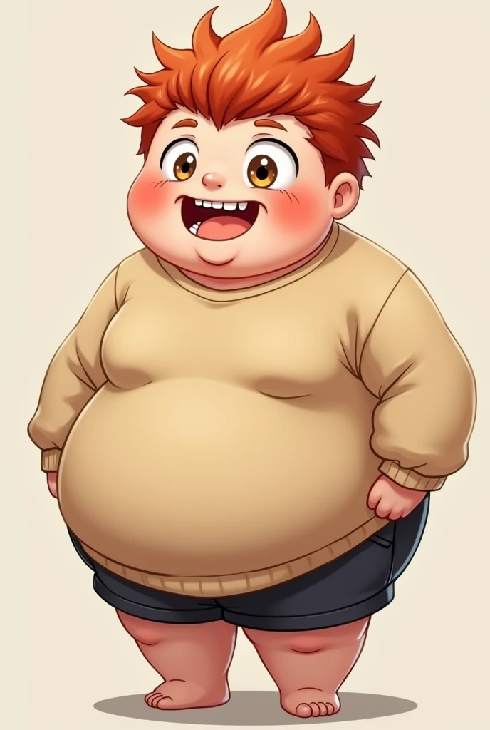 A red-haired male, with a mischievous face, with brown eyes, with a point on the side of his mouth, front teeth more bigger in a beige sweatshirt, short and tight shorts, BIG fat ass, WIDE hips, THICK thighs, chubby body, cute, short. (WITHOUT BOOBS)