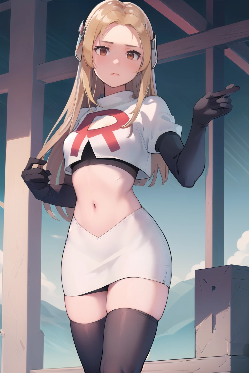 masterpiece, best quality, mathilda, brown eyes,helmet,  looking at viewer, team rocket,team rocket uniform,white skirt,red letter R,crop top,black thigh-highs,black elbow gloves