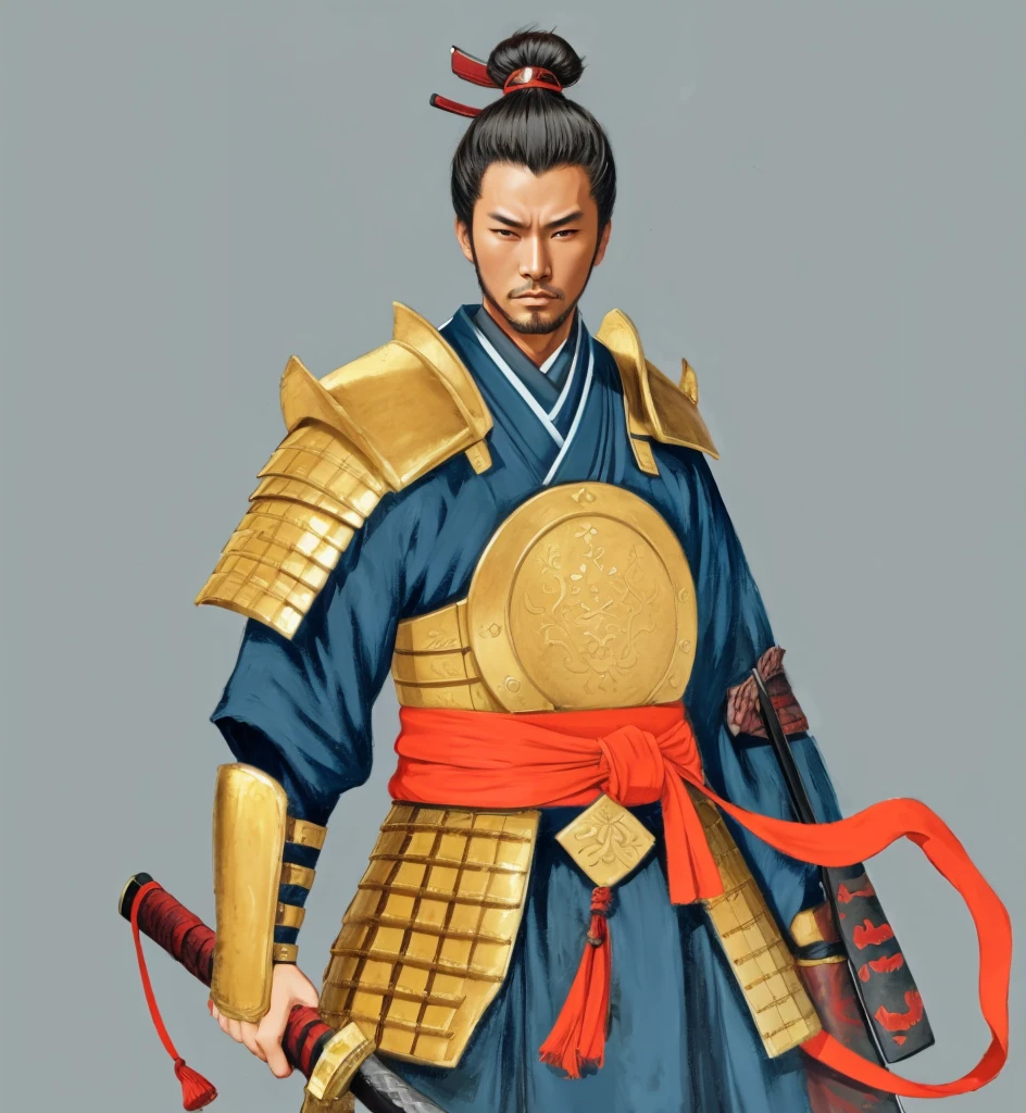 Need to create art for MMORPG, centered on a Japanese setting. digital painting, adult man, Samurai. Asian, samurai armor, golden armor, japanese samurai clothing,