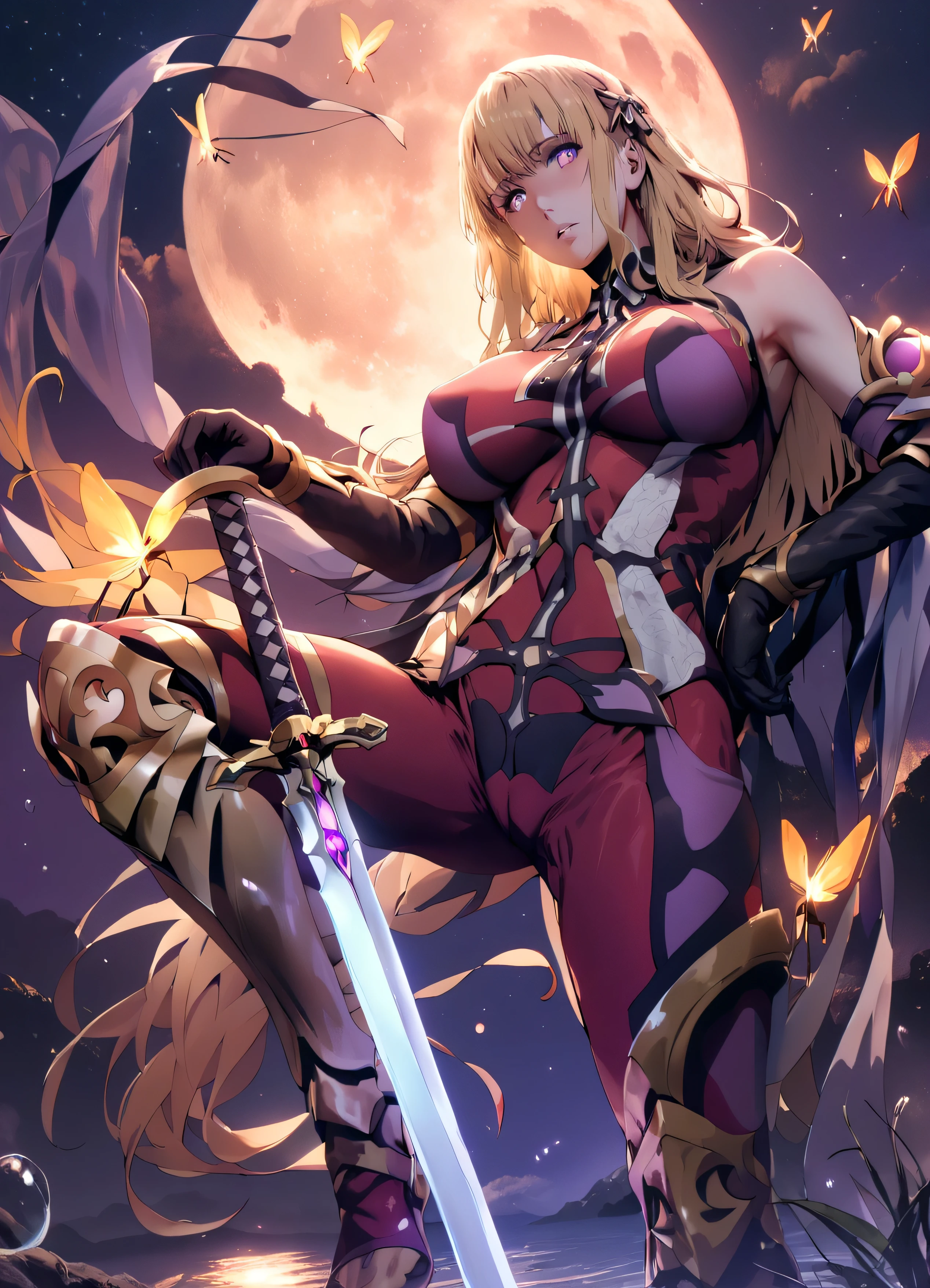 (hero neisan art style:0.7), (hews art style:0.7), score_9, score_8_up, score_7_up, score_6_up, uncensored, (blonde hair:1.3), long hair, purple eyes, BREAK (masterpiece:1.2), best quality, high resolution, (detailed eyes:1.3), perfect lighting, (perfect hands, perfect anatomy), large breasts, 1girl, breasts, moon, bodysuit, solo, full moon, glowing sword, sword, night, gloves, covered navel, looking at viewer, red bodysuit, black gloves, rope, parted lips, skin tight, armor, night sky, hand on own hip, moonlight, sky, planted, outdoors, elbow gloves, bokeh, fireflies, water drop
