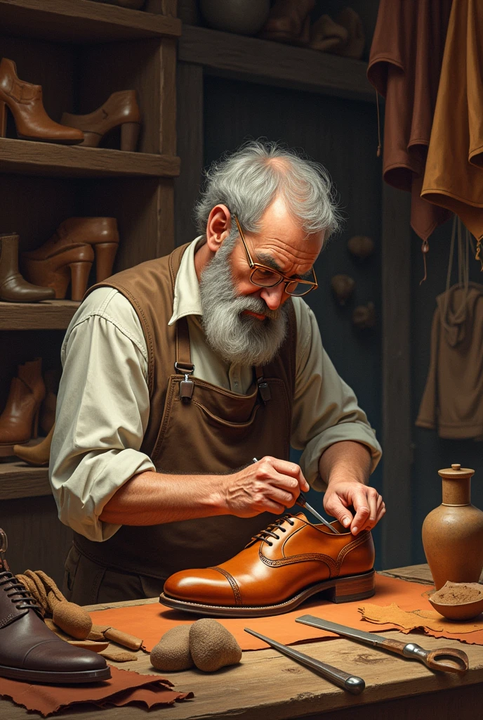 create a drawing of a shoemaker in shades of brown