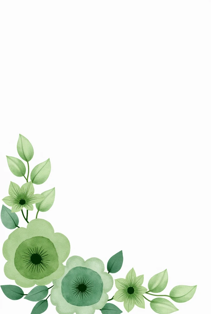 Can you make me an image of several flowers using watercolor techniques that have green and sage green flowers and a 20% of lilac-colored flowers to be used at the bottom of the page with a width of 3cm