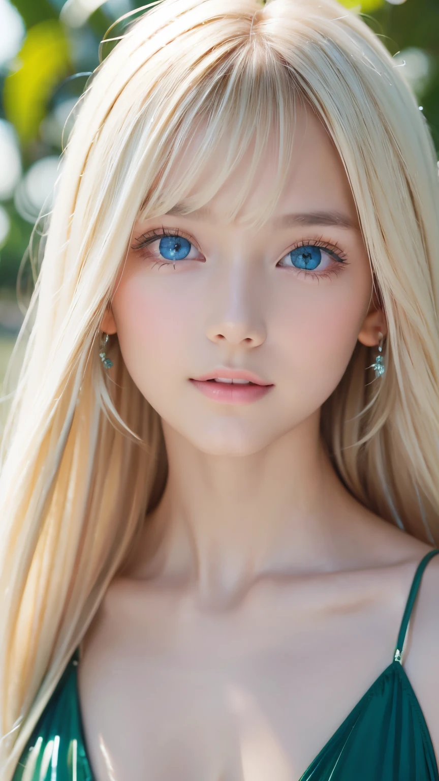 Portrait、Gentle expression、Young shiny glossy white glossy skin、green bikini, Great looks、Blonde reflection、Super long platinum blonde hair with dazzling highlights、Bangs between the eyes、bangs that fall on the face、Shiny bright hair,、Super long, silky straight hair、Shiny beautiful bangs、Sparkling crystal clear attractive big bright blue eyes、Very beautiful, lovely and cute girl、Ample Bust、Healthy glowing skin、Small Face Girl、Round face