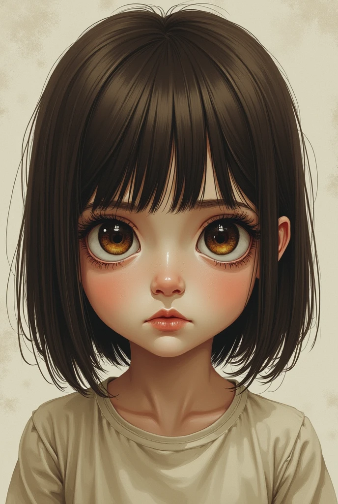  of brown straight hair, Bangs, big brown eyes, pale skin, slim, pale skin, kid, child, scary, realistic, raspy lineart