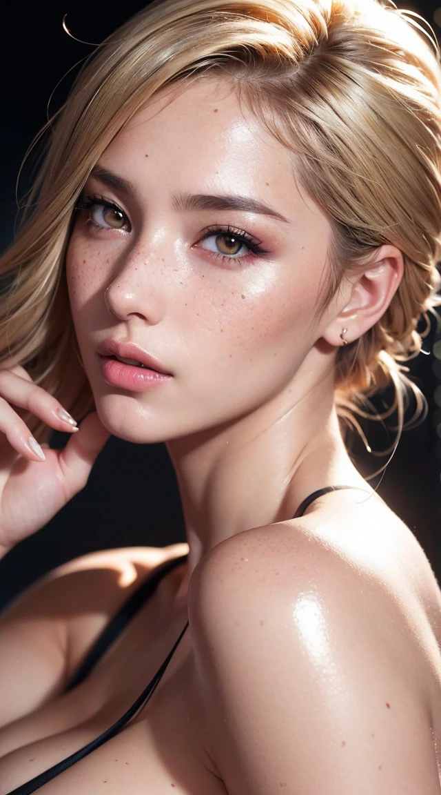 (UHD, retina, masterpiece, award-winning, accurate, anatomically correct, textured skin, super detail, high details, high quality, best quality, high res, 1080P, HD, 4K, 8k, 16k), (beautiful detailed hazel eyes, beautiful detailed lips, extremely detailed eyes and face), studio lighting, physically-based rendering, vivid colors, (large sexy breasts), lace demi-cup bra, (portrait, side cut, shiny blonde hair, shiny skin, blush), (bokeh), eye reflection,, dark atmosphere, highly detailed skin texture, extreme details, perfect breast, dark tanned skin, freckles,, ultra detailed skin texture, soft lights,pale skin
