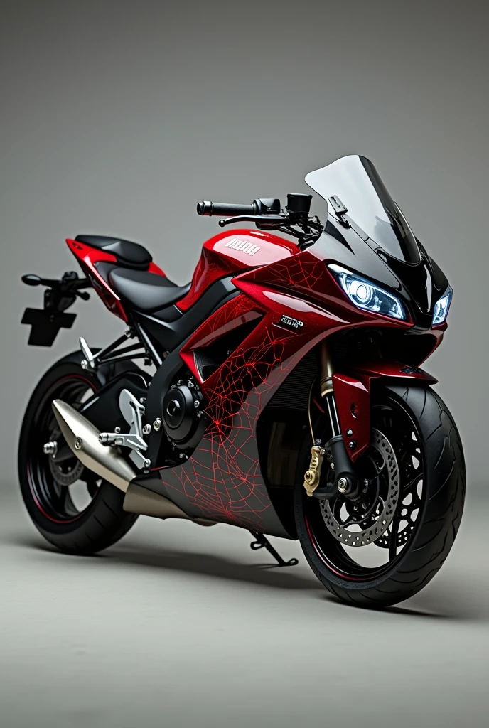 A Kawasaki Ninja 300 motorcycle painted red and black but one color on each side with a spider web design 