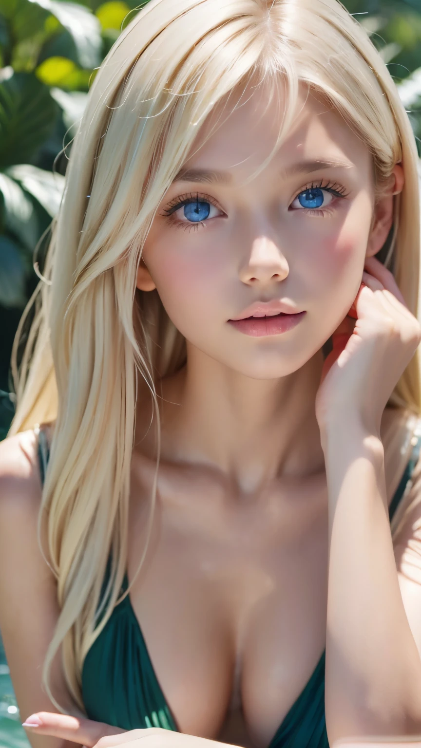 Portrait、Gentle expression、Young shiny glossy white glossy skin、green bikini, Great looks、Blonde reflection、Super long platinum blonde hair with dazzling highlights、Bangs between the eyes、bangs that fall on the face、Shiny bright hair,、Super long, silky straight hair、Shiny beautiful bangs、Sparkling crystal clear attractive big bright blue eyes、Very beautiful, lovely and cute 16 year old girl、Ample Bust、Healthy glowing skin、Small Face Girl、Round face
