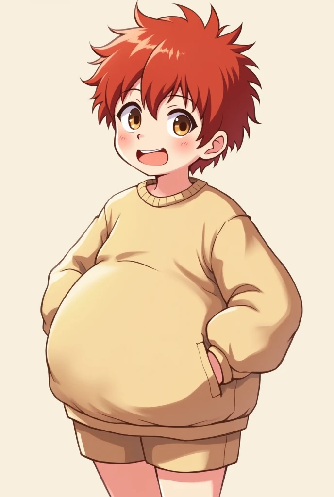 A red-haired pretty shouta male, with a mischievous face, with brown eyes, with a point on the side of his mouth, front teeth more bigger in a beige sweatshirt, short and tight shorts, BIG fat ass, WIDE hips, THICK thighs, chubby body, cute, short. (WITHOUT BOOBS)