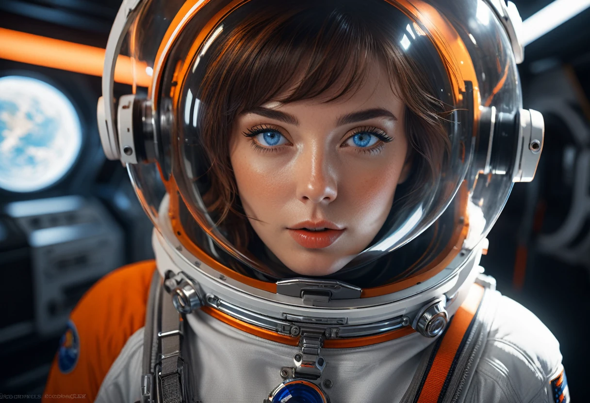 woman 25 years beautiful astronaut 1950 , deep blue eyes, clothes in orange color details in metallic white, cinematic, photo shoot, half backlight, backlight, dramatic lighting , Incandescent, Soft lighting, insanely detailed and intricate, hyper maximalist, arte no estilo de guweiz, elegant pose, dynamic, photography, volumetric , ultra detailed, intricate detail, super detailed obra-prima de guweiz, futuristic environment