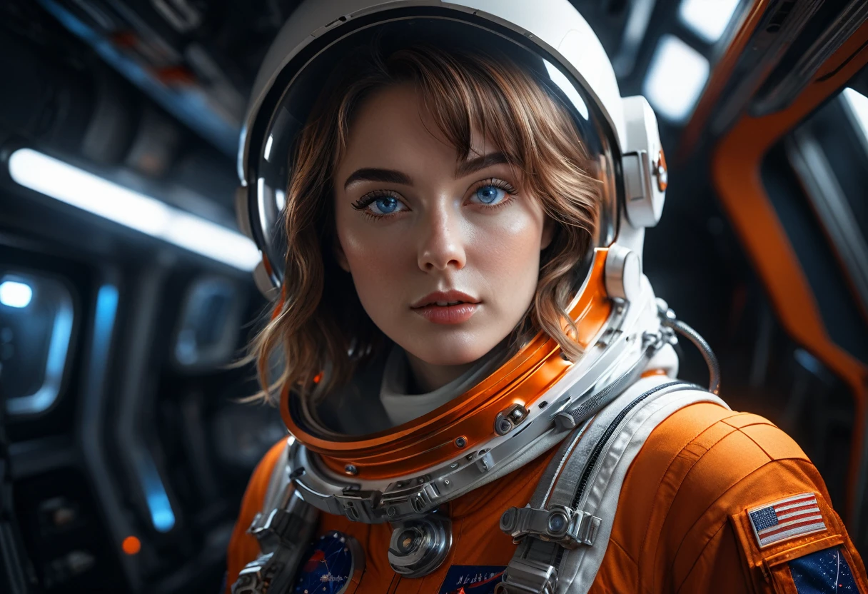 woman 25 years beautiful astronaut 1950 , deep blue eyes, clothes in orange color details in metallic white, cinematic, photo shoot, half backlight, backlight, dramatic lighting , Incandescent, Soft lighting, insanely detailed and intricate, hyper maximalist, arte no estilo de guweiz, elegant pose, dynamic, photography, volumetric , ultra detailed, intricate detail, super detailed obra-prima de guweiz, futuristic environment