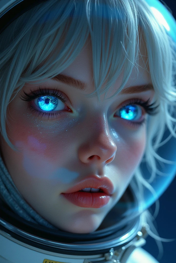 (Close-up of a better masterpiece:1.5)0.9], (Space and astronauts:1.2) (Messy silver hair:1.1) (Heterochromia xanthochromia and blue eyes:1.2) (Space Helmet:1.0) (Colored stars in the eyes:1.0) (A radiant glow:1.1) (thick lips:0.9)