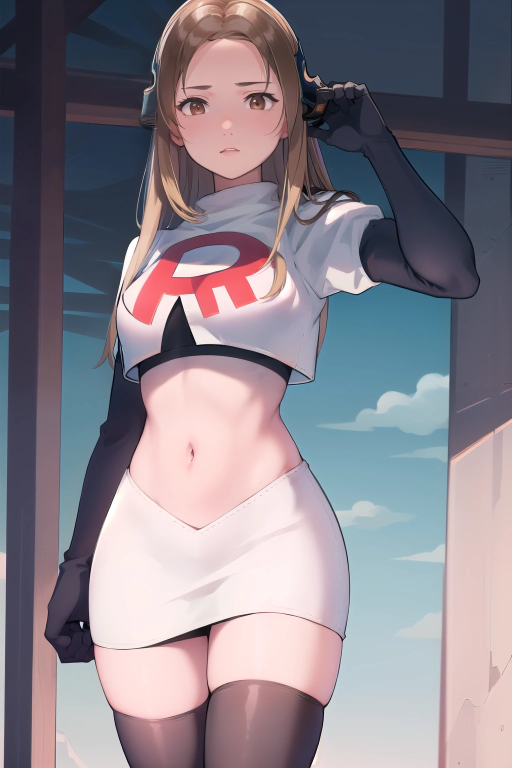 masterpiece, best quality, mathilda, brown eyes,helmet,  looking at viewer, team rocket,team rocket uniform,white skirt,red letter R,crop top,black thigh-highs,black elbow gloves