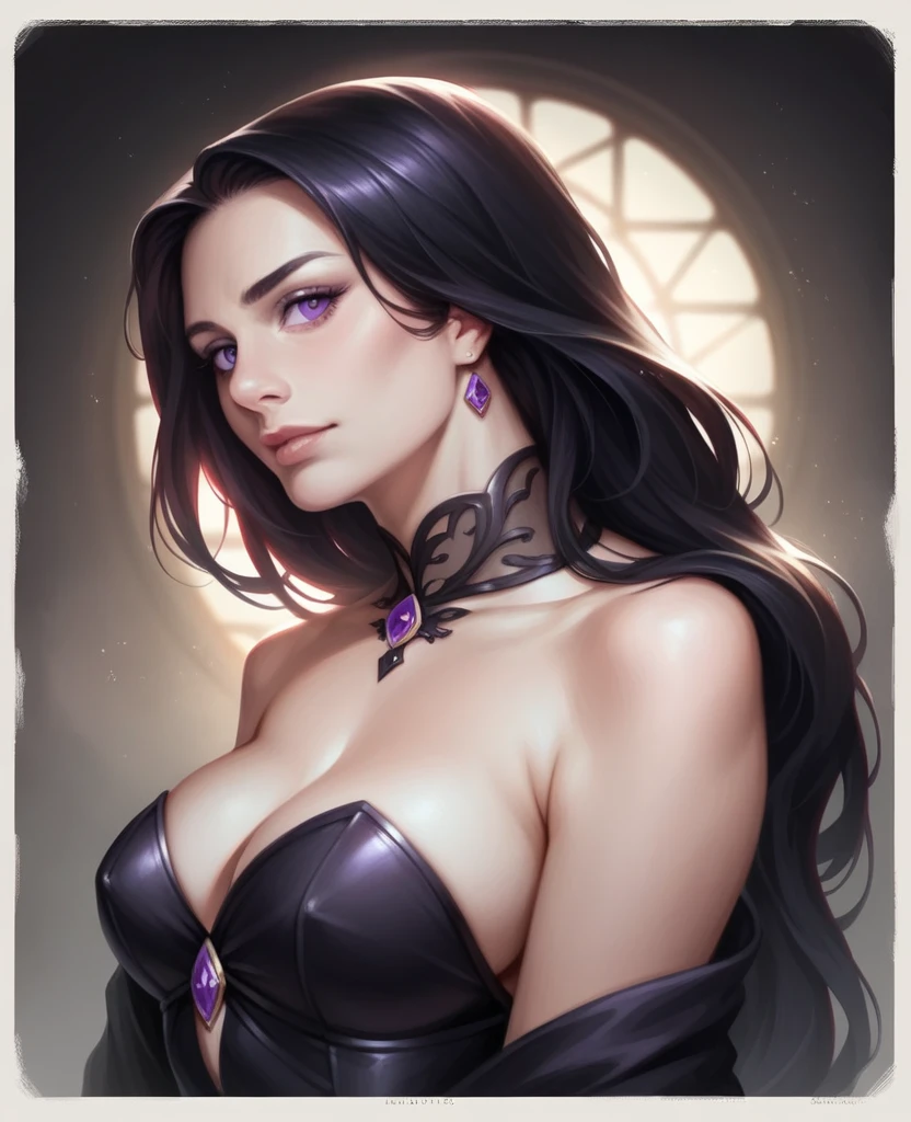 A beautiful girl with cold expression, long black hair, striking purple eyes, wearing a dark elegant black gown, fantasy portrait, highly detailed, photorealistic, 8K, masterpiece, intricate details, dramatic lighting, cinematic composition, moody color palette