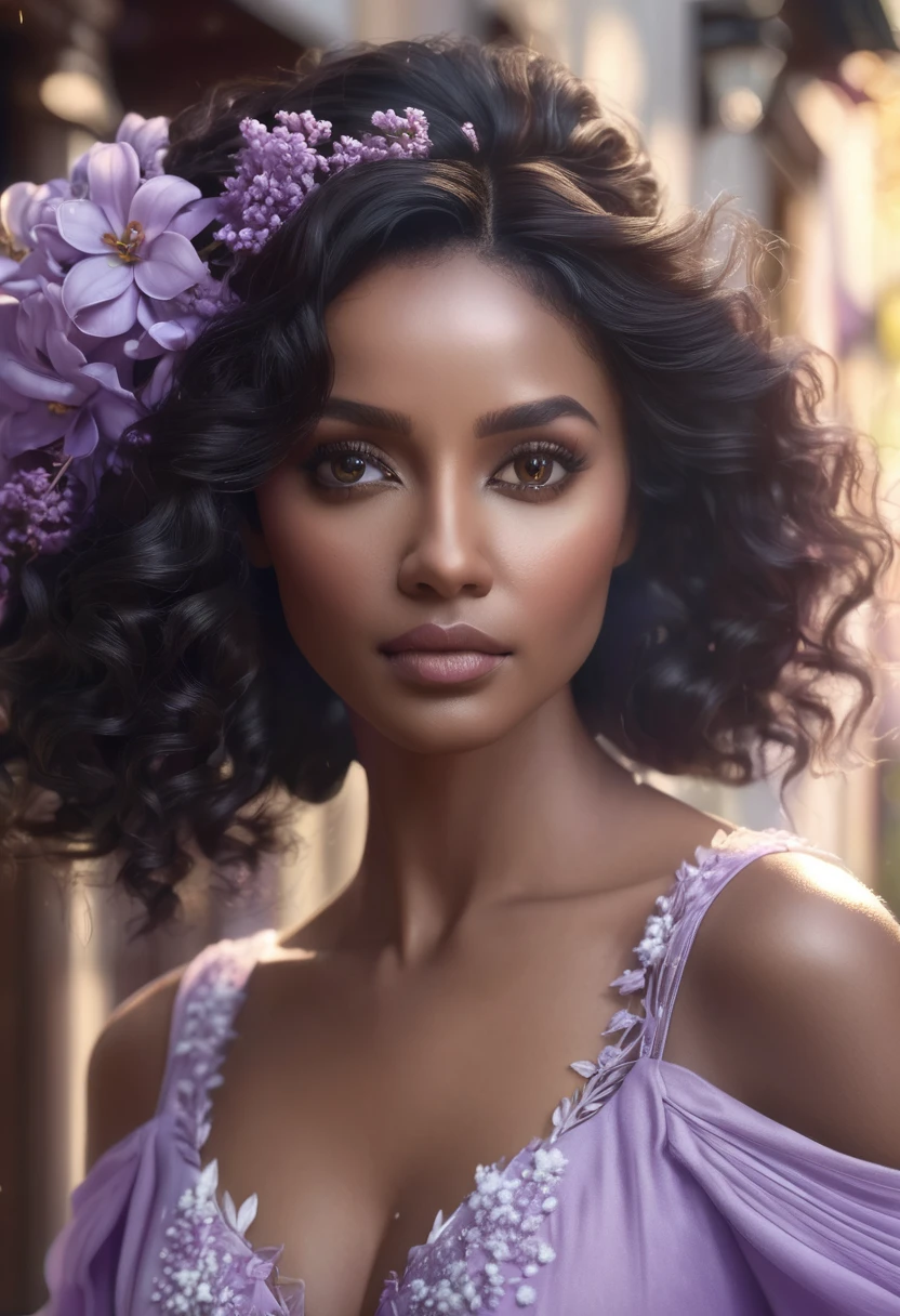 1 woman, background is snowy day, wearing beautiful lilac dress, detailed facial features, feminine dark brown eyes, detailed black skin, long curly black hair, dramatic lighting, cinematic composition, warm palette, sunlight, dark colors, atmospheric haze, thin chin, soft face, strong and beautiful woman, adult woman, ultra realistic, adult man (best quality, 4K, 8K, high resolution, art: 1.2), ultra detailed (realistic, photorealistic, photorealistic: 1.37)