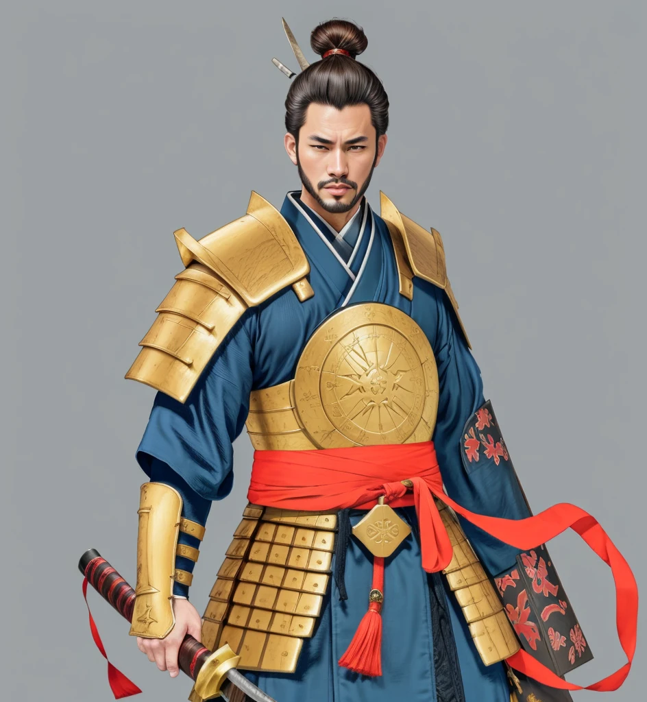 Need to create art for MMORPG, centered on a Japanese setting. digital painting, adult man, Samurai. Asian, samurai armor, golden armor, japanese samurai clothing,