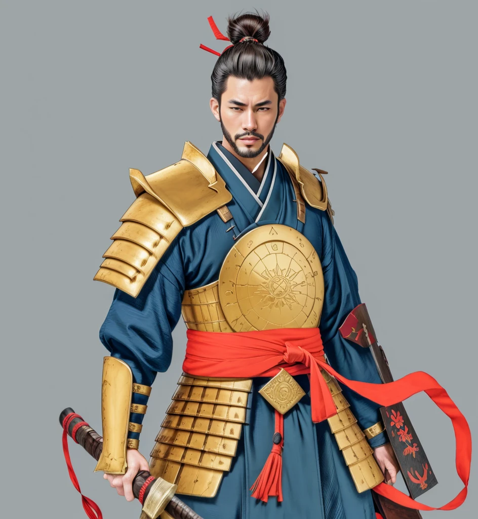 Need to create art for MMORPG, centered on a Japanese setting. digital painting, adult man, Samurai. Asian, samurai armor, golden armor, japanese samurai clothing, 