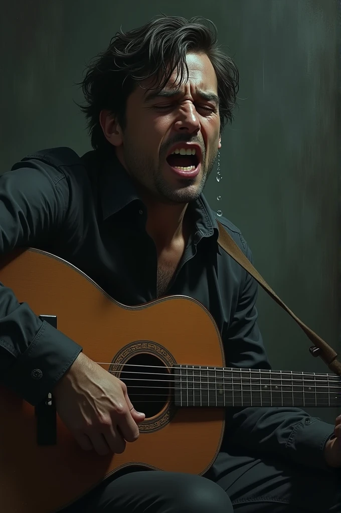 A man with a guitar is crying, tears are falling right into the guitar strings