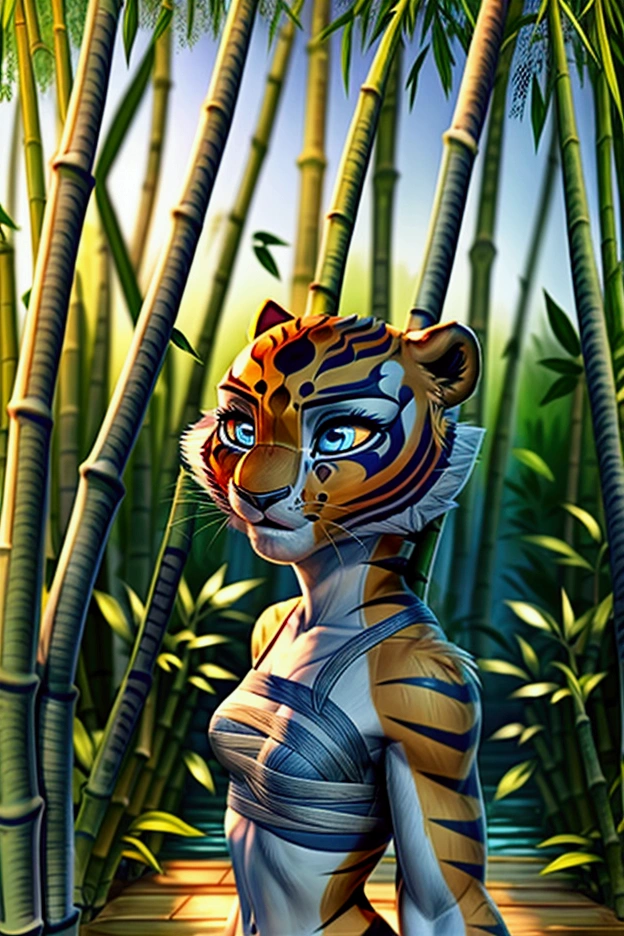 3D furry masterpiece:1.5. mastertigress:1.2. (upper body view, concentrated on head):1.5. (extremely detailed, sharp body imige):1.2. category: detailed(cute, face:1.2, head:1.2, fluffy body:1.2, legs, hands:1.2, hind paws):1.2. (Slim tiger girl):1.5, (bandages:1.5, bandeu, sarashi:1.2, midriff):1.5. (chinese bamboo forest background:1.2). detailed sharp body image. (small breasts):1.2. (Close face/tommy view):1.5. (blue eyes with white pupils). blurry background. 