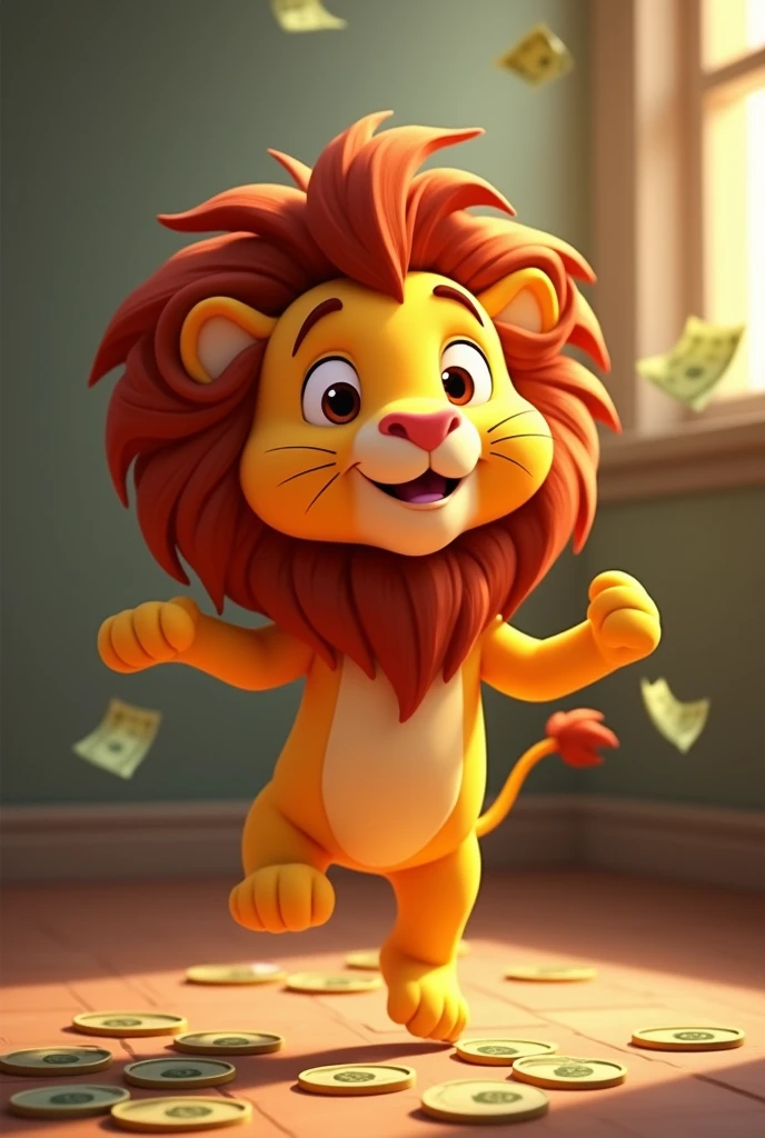 happy little lion, rain of money falling little lion with big mane, Pixar Lion, animation style, earning coins, notes on the floor, little lion jumping, happy little lion