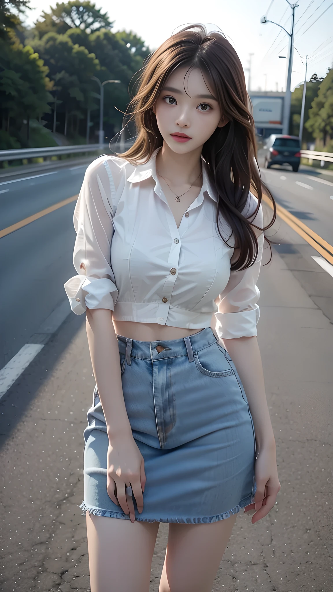 ulzzang-6500-v1.1, (RAW photo: 1.2), (Real photo), (Real photo: 1.4), 1 girl、Perfect anatomy、19 years old、Looking at the camera、Medium length hair, On the highway, the road is empty, the sky is at dusk and the moon and stars have begun to appear, ((on the highway: 1.1)), (clothes: 1.2), (Business service)、Asian eyes Ella,
