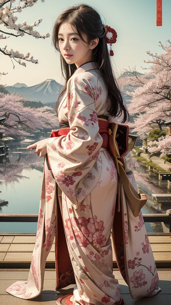 (background:Cherry blossoms on the mountain are covered with mist)((Ukiyo-e))japanese art,or period,tokyo art, lily,Natural landscape.(masseter membrane、top quality、Ukiyo-e style、mystery、Exquisite and beautiful、official art、Sharaku:1.2)、(1 japanese girl in:1.3)、(fractal art:1.3)、cowboy shooting、White skin、(beautiful brunette、kimono:1.2)、With Japanese traditional performing arts as the background、colorful、(reel、Belongs to Japanese style:1.2)、