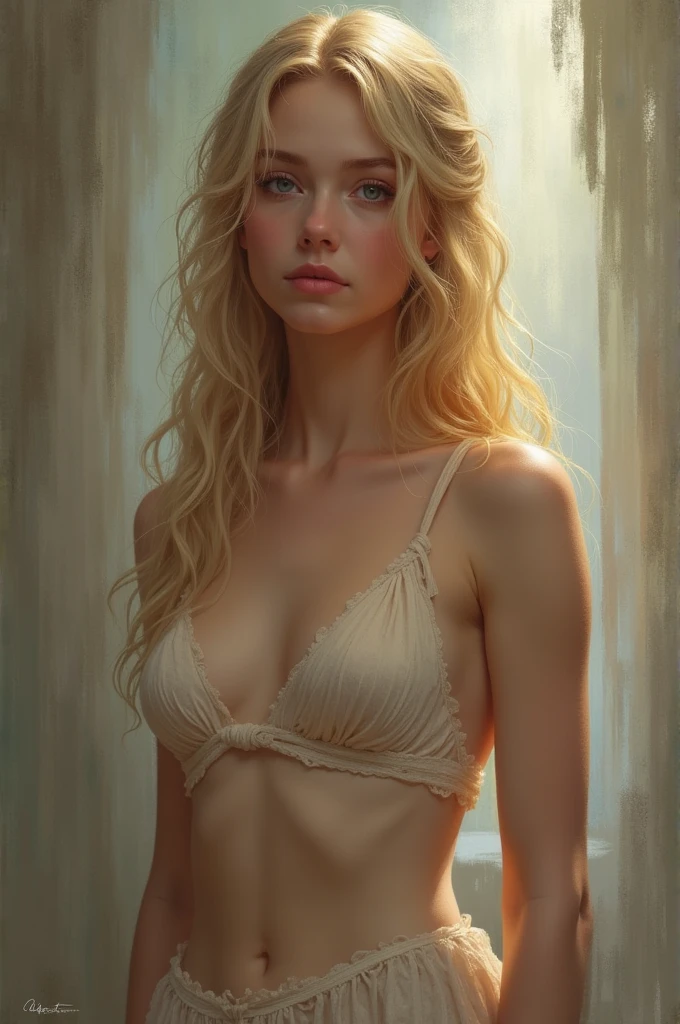 Blonde woman, looking right with arms raised, strong backlighting, realistic, topless, white skirt