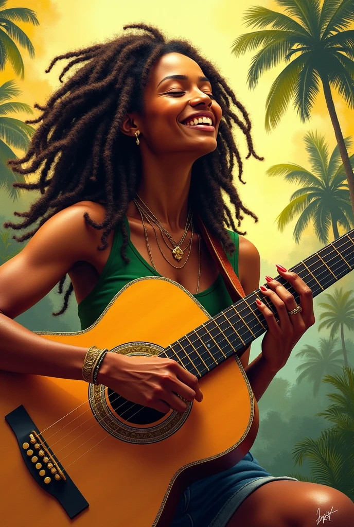 Draw a picture of a woman playing the guitar, reggae attributes