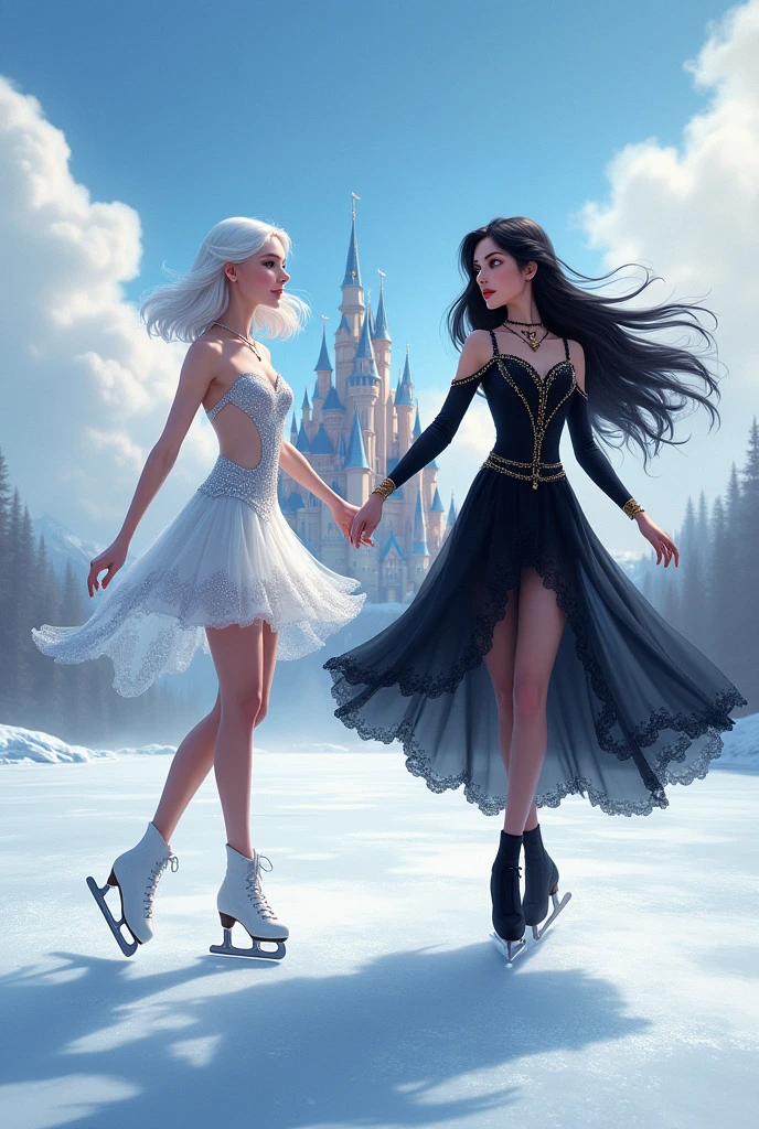 Book cover featuring an ice skater with shoulder-length white hair and a short white and silver dress. A princess with long black hair and a short black dress. A background with almost transparent clouds and a castle behind with an ice rink below the castle
