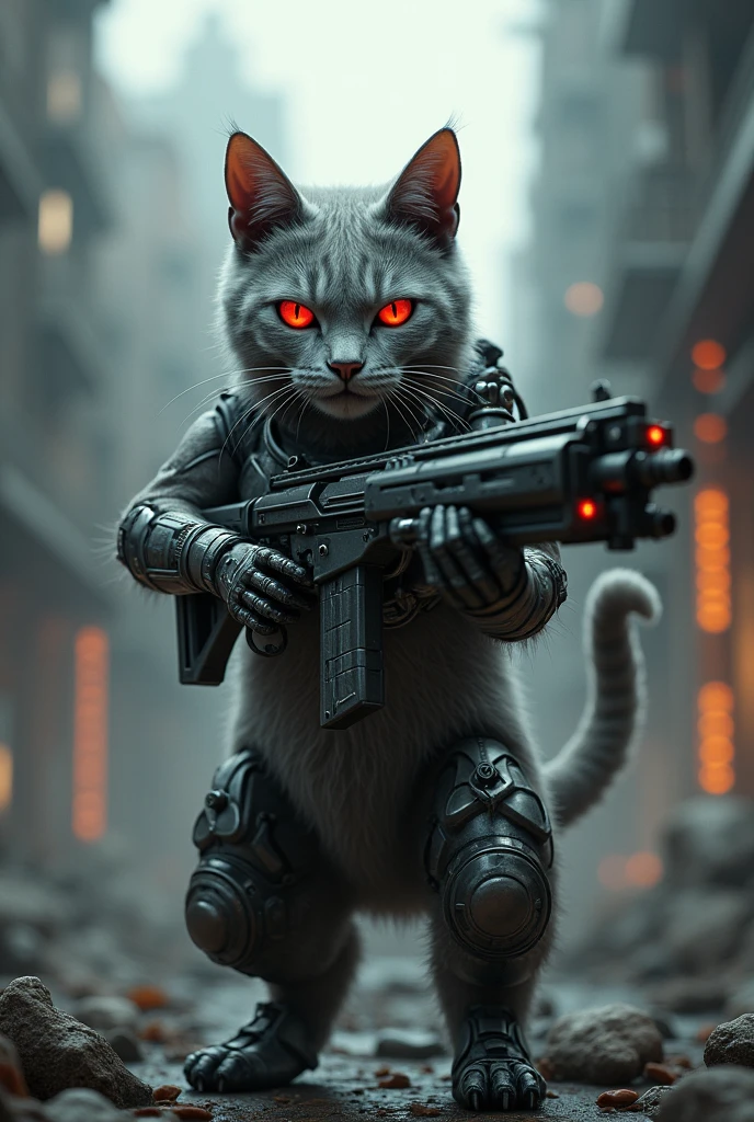 Evil gray cat with a machine gun