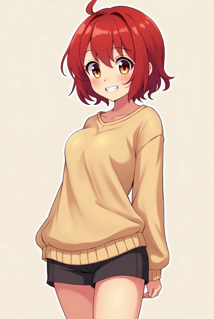 A red-haired pretty shouta male, with a mischievous face, with brown eyes, with a point on the side of his mouth, front teeth more bigger in a beige sweatshirt, short and tight shorts, BIG fat ass, WIDE hips, THICK thighs, body, cute, short. (WITHOUT BOOBS) Femboy...