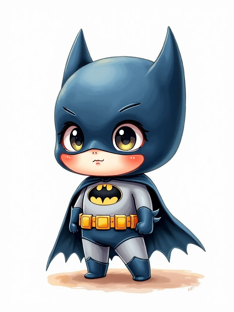 in Chibi style, watercolor, batman, white background
