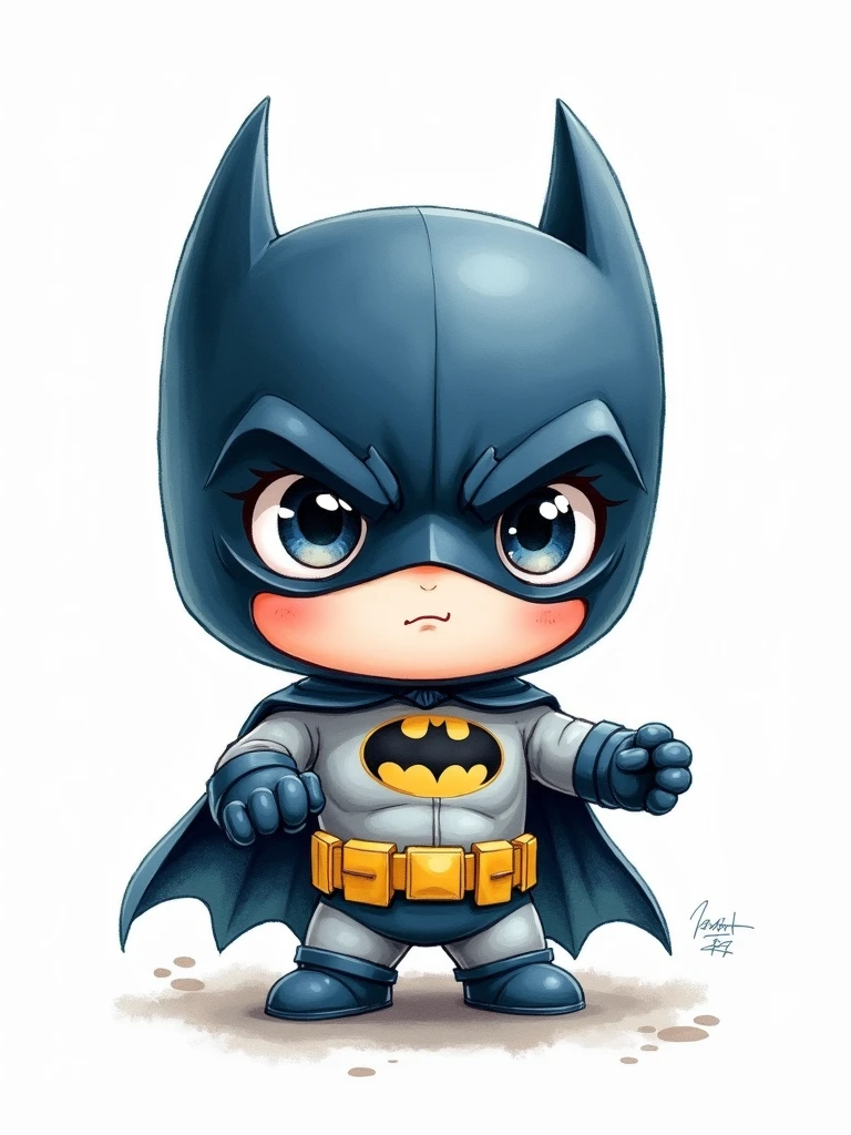 in Chibi style, watercolor, batman, white background