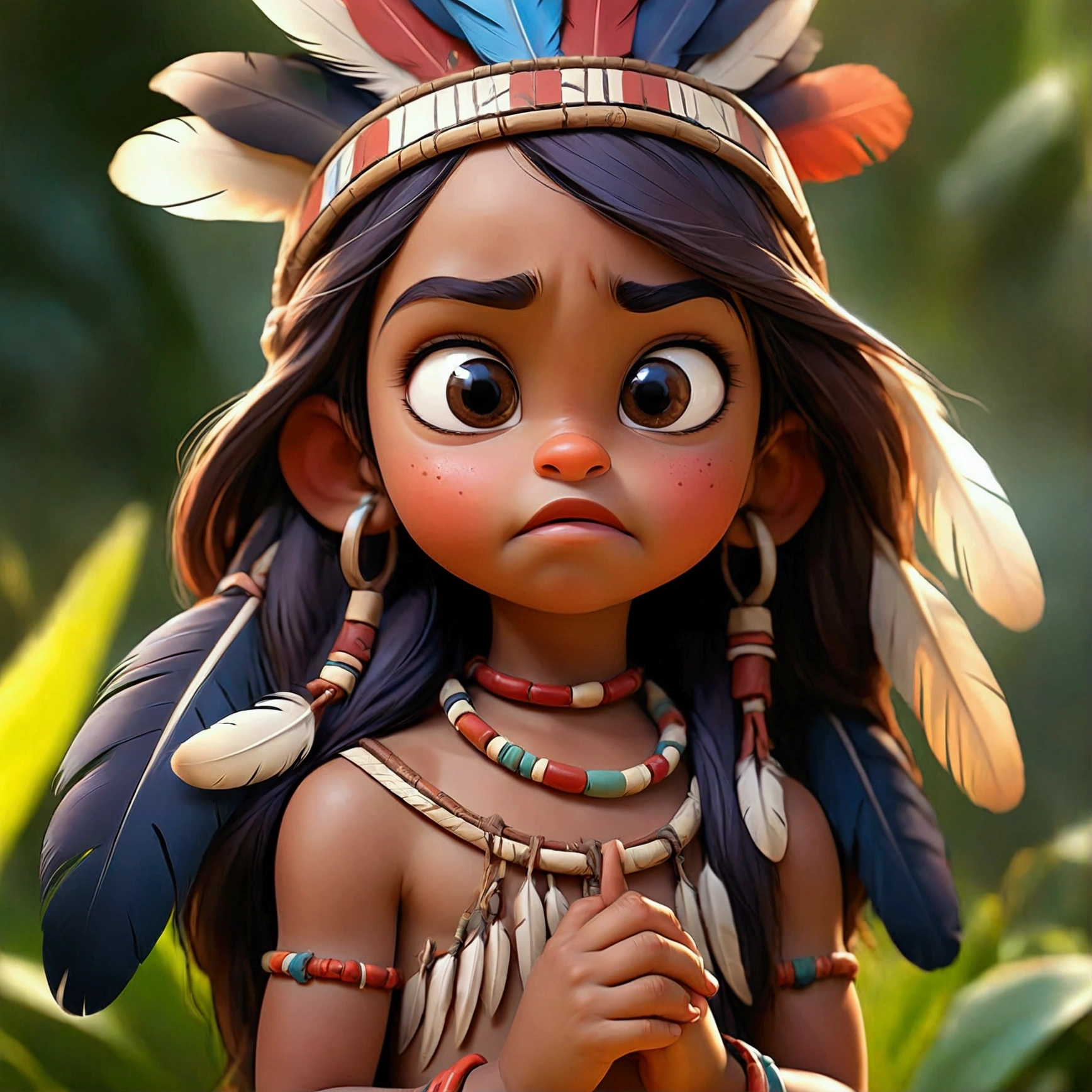 indigenous girl child, 1 , high resolution, cloused mouth,, feather crown, Depth of field, film grain, cinematic lighting, fullcolor, art for açaí cup , super fullcolor, error-free drawing, beautiful face, do something surprising , long hair, eagle on shoulder looking forward playing with child, happy, face with delicate features , small ear