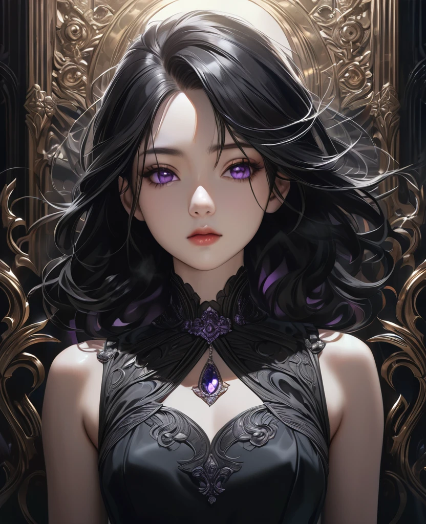 A beautiful girl with cold expression, long black hair, striking purple eyes, wearing a dark elegant black gown, fantasy portrait, highly detailed, photorealistic, 8K, masterpiece, intricate details, dramatic lighting, cinematic composition, moody color palette