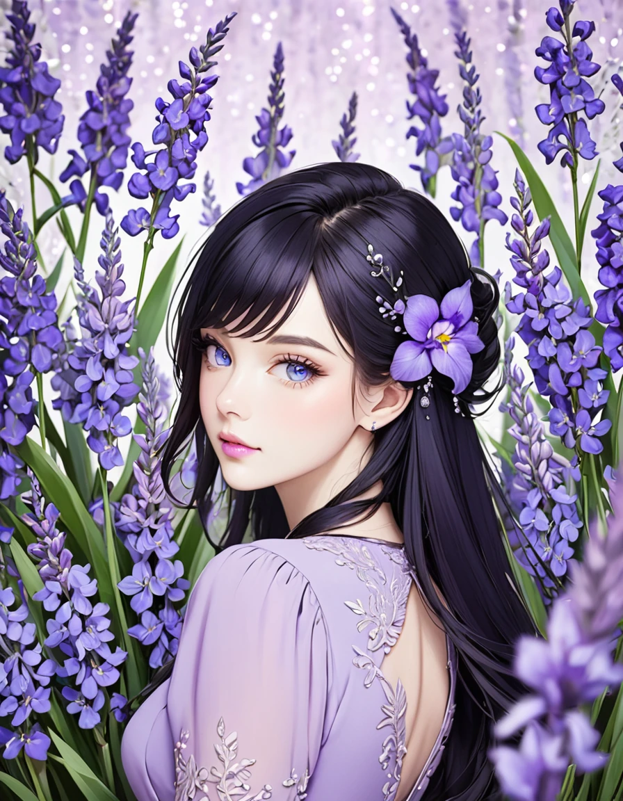 Beautiful woman with long black hair, side-swept bangs, sparkling blue eyes, light pink lips, fair skin. Elegant but modest lavender dress. Purple iris flower background