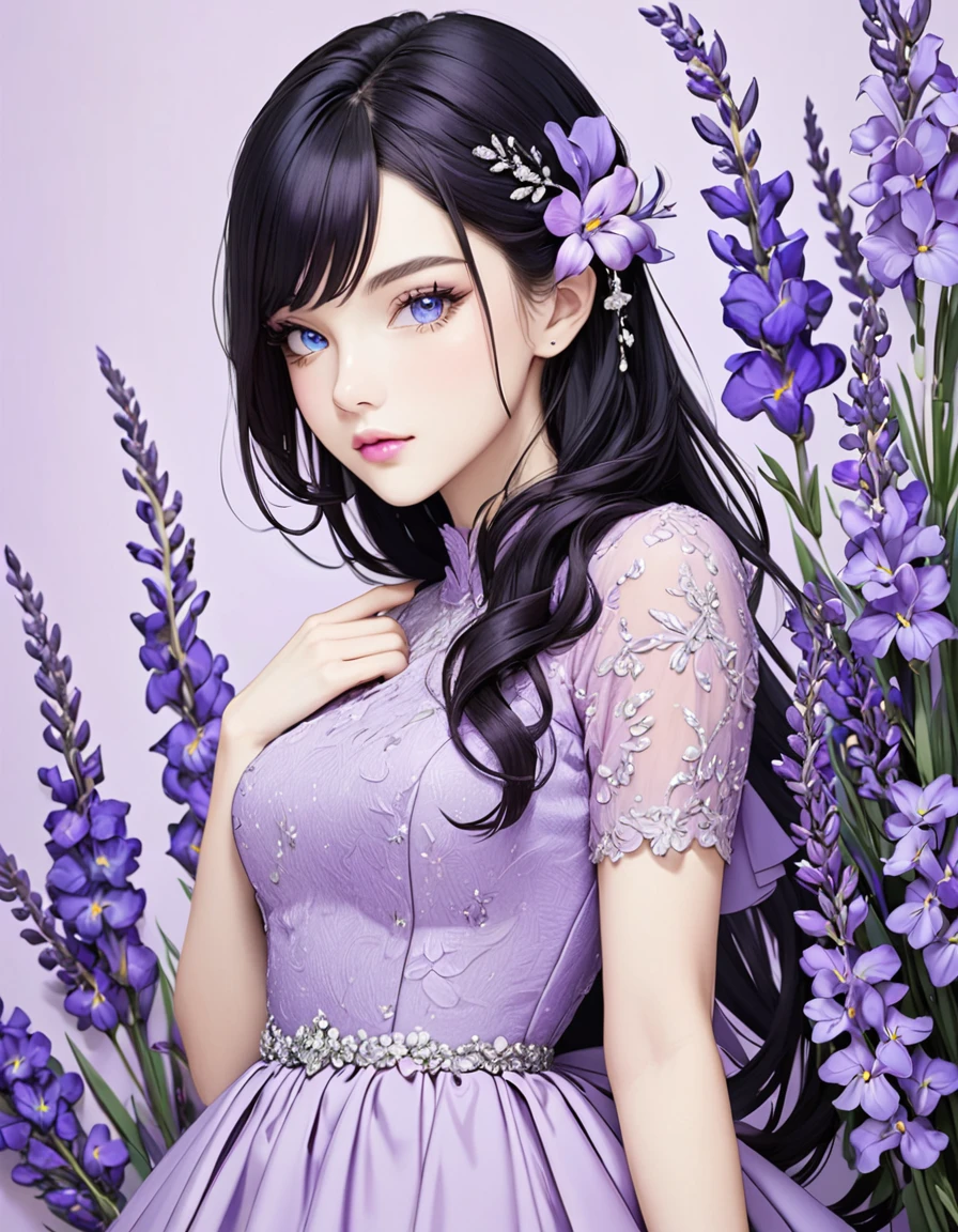 Beautiful woman with long black hair, side-swept bangs, sparkling blue eyes, light pink lips, fair skin. Elegant but modest lavender dress. Purple iris flower background