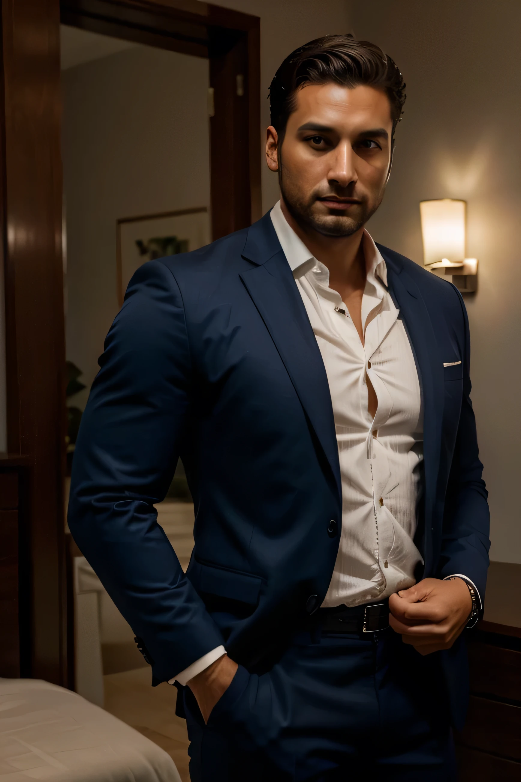 30-year-old man in a dark blue suit, robust build and large body, slightly tanned skin